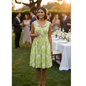 Teri Jon Rickie Freeman Green Damask Midi Dress 14 Preppy Old Money Easter